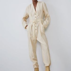 Zara Cream Belted Jumpsuit NWT